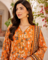 Mustard orange blossom floral print 3-piece unstitched lawn suit with beige-grey floral dupatta