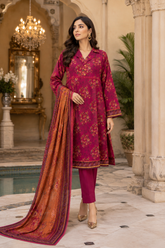 Deep magenta floral booti print 3-piece unstitched lawn suit with rust-orange dupatta