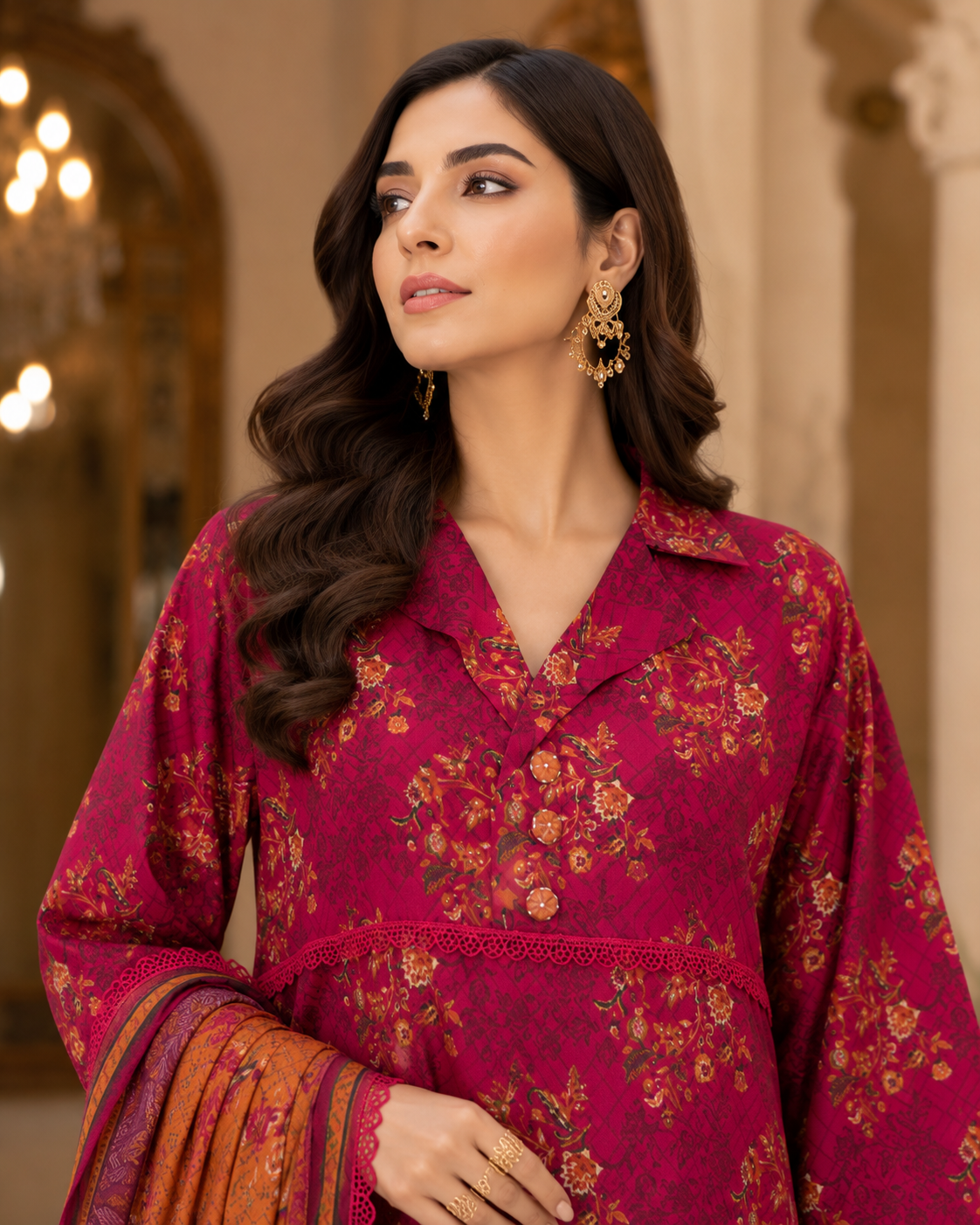 Deep magenta 3-piece unstitched digital printed lawn suit by The Mehak Fashion