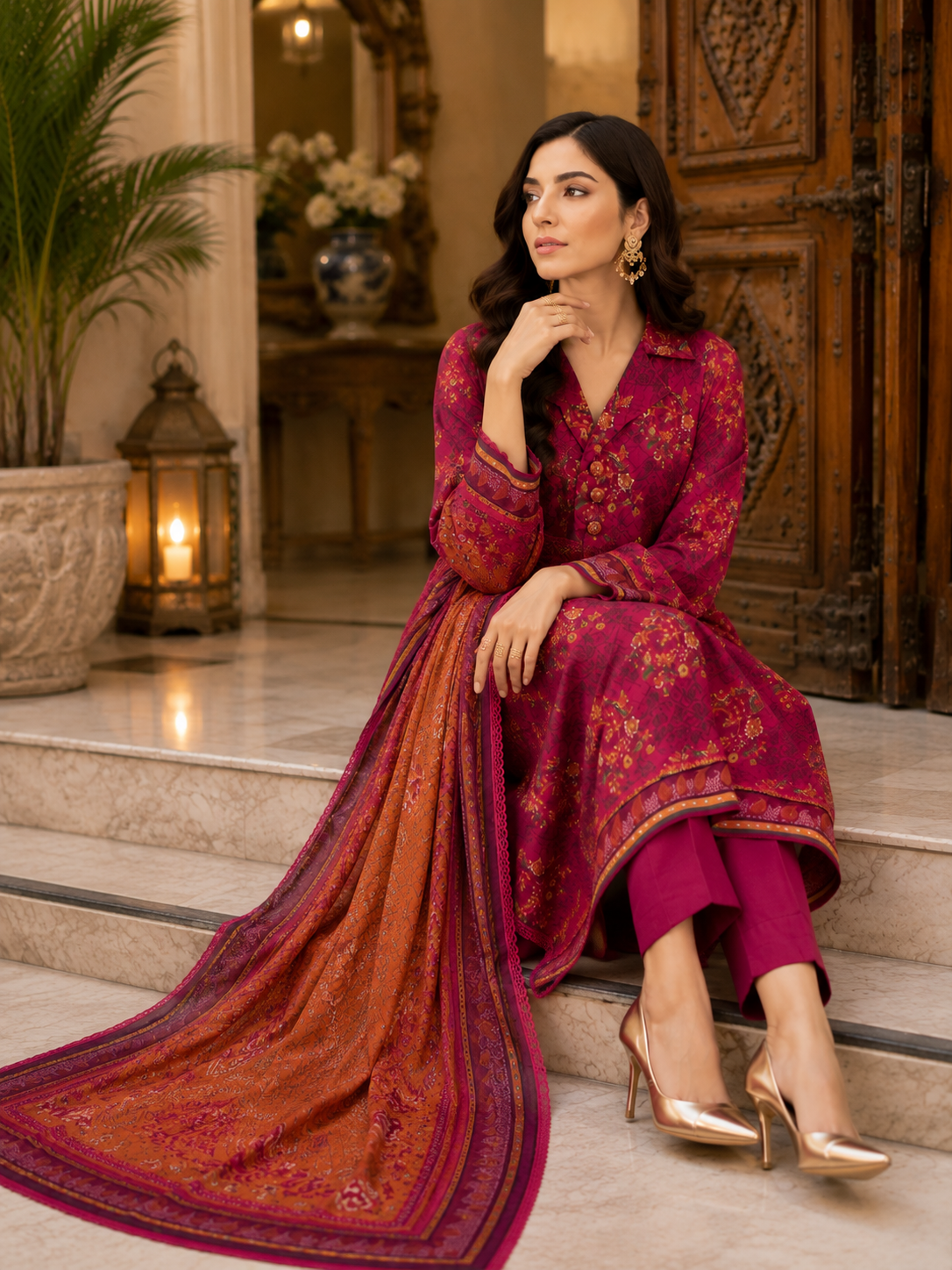 Deep magenta printed lawn suit with rust-orange dupatta, unstitched three-piece
