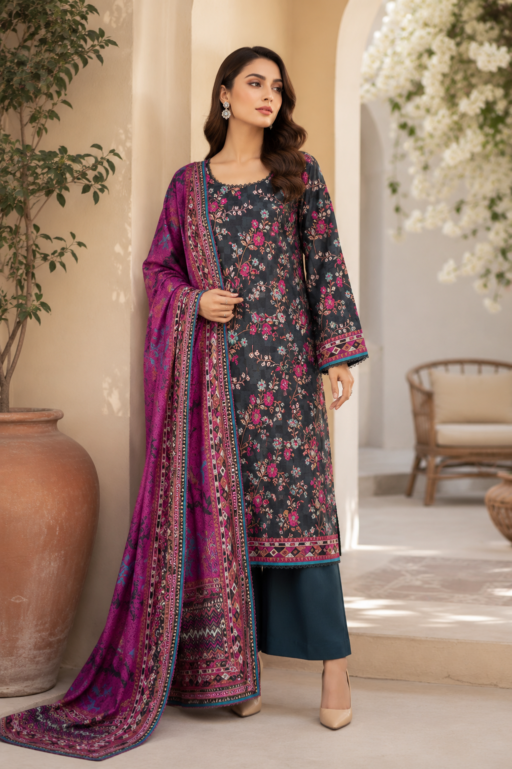 Dark teal floral print 3-piece unstitched lawn suit with magenta tribal-print dupatta