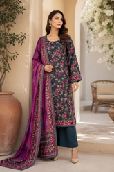 Dark teal floral print 3-piece unstitched lawn suit with magenta tribal-print dupatta