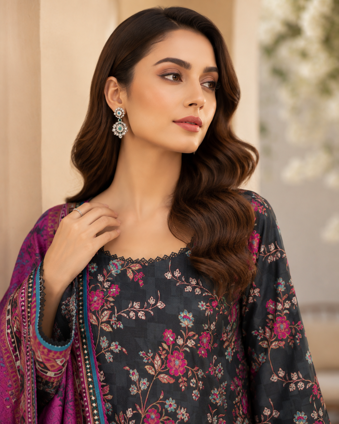 Dark teal 3-piece unstitched digital printed lawn suit by The Mehak Fashion