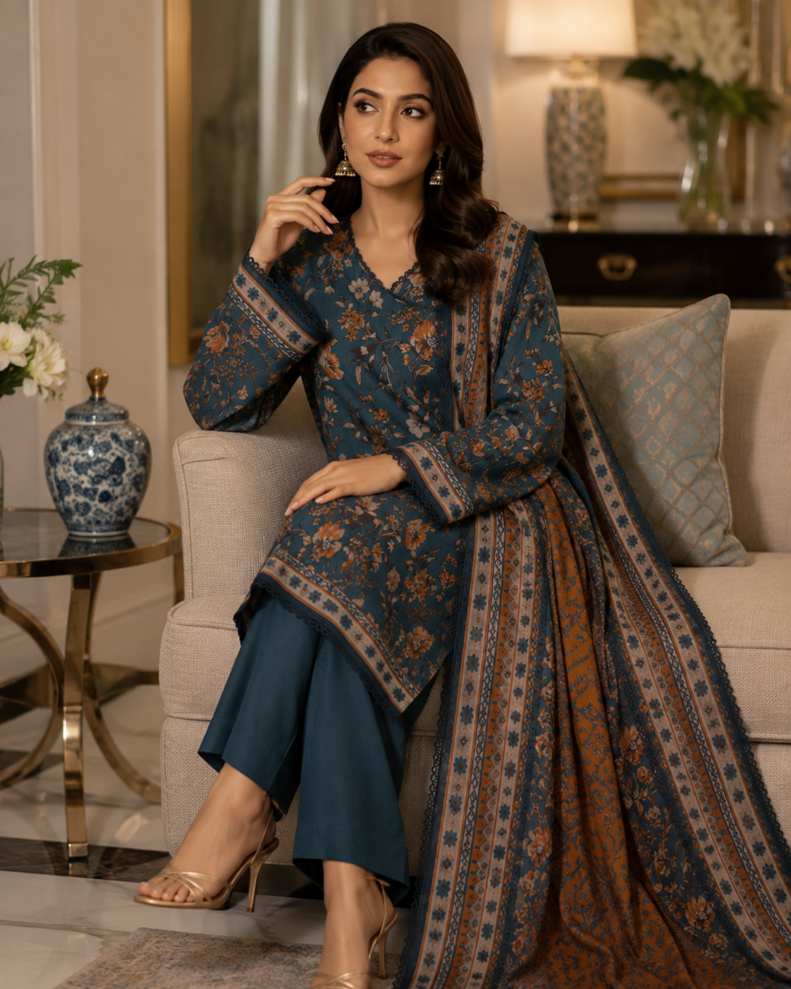 Teal blue printed lawn suit with geometric striped dupatta, unstitched three-piece