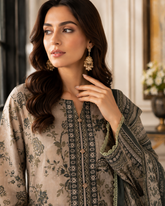 Muted taupe vintage floral print 3-piece unstitched lawn suit with olive printed dupatta