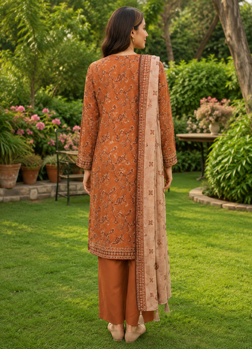 Rust orange 3-piece unstitched digital printed lawn suit by The Mehak Fashion
