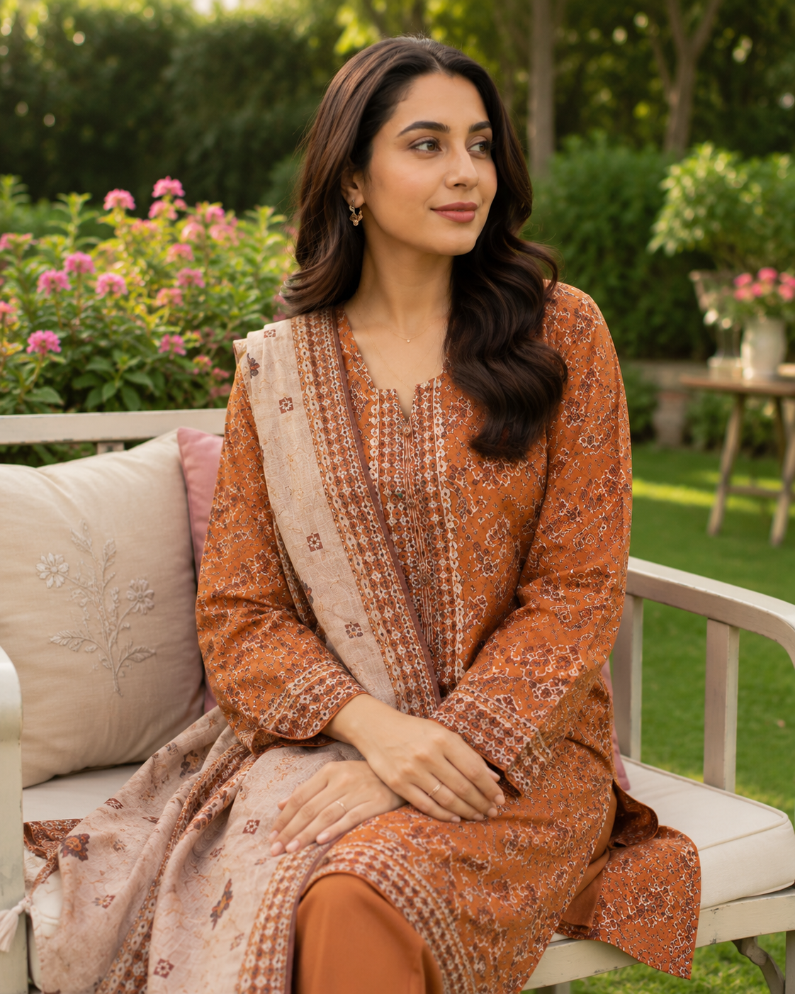 Rust orange printed lawn suit with light beige tasseled dupatta, unstitched three-piece