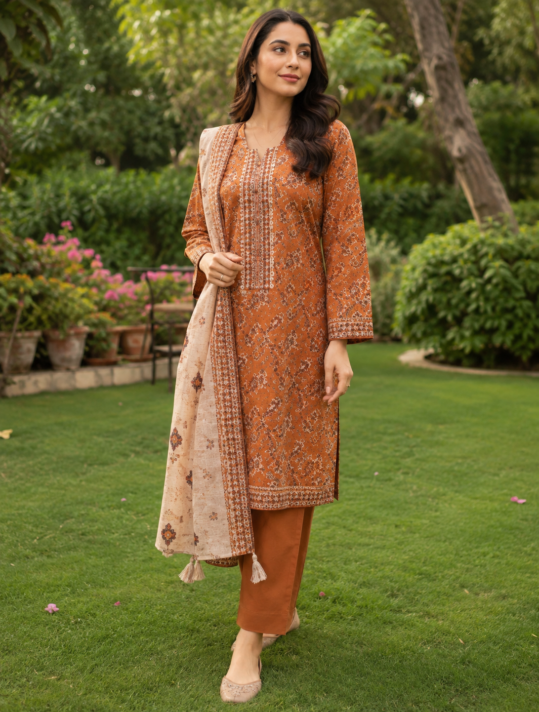 Unstitched rust orange Pakistani lawn suit with batik-style floral print