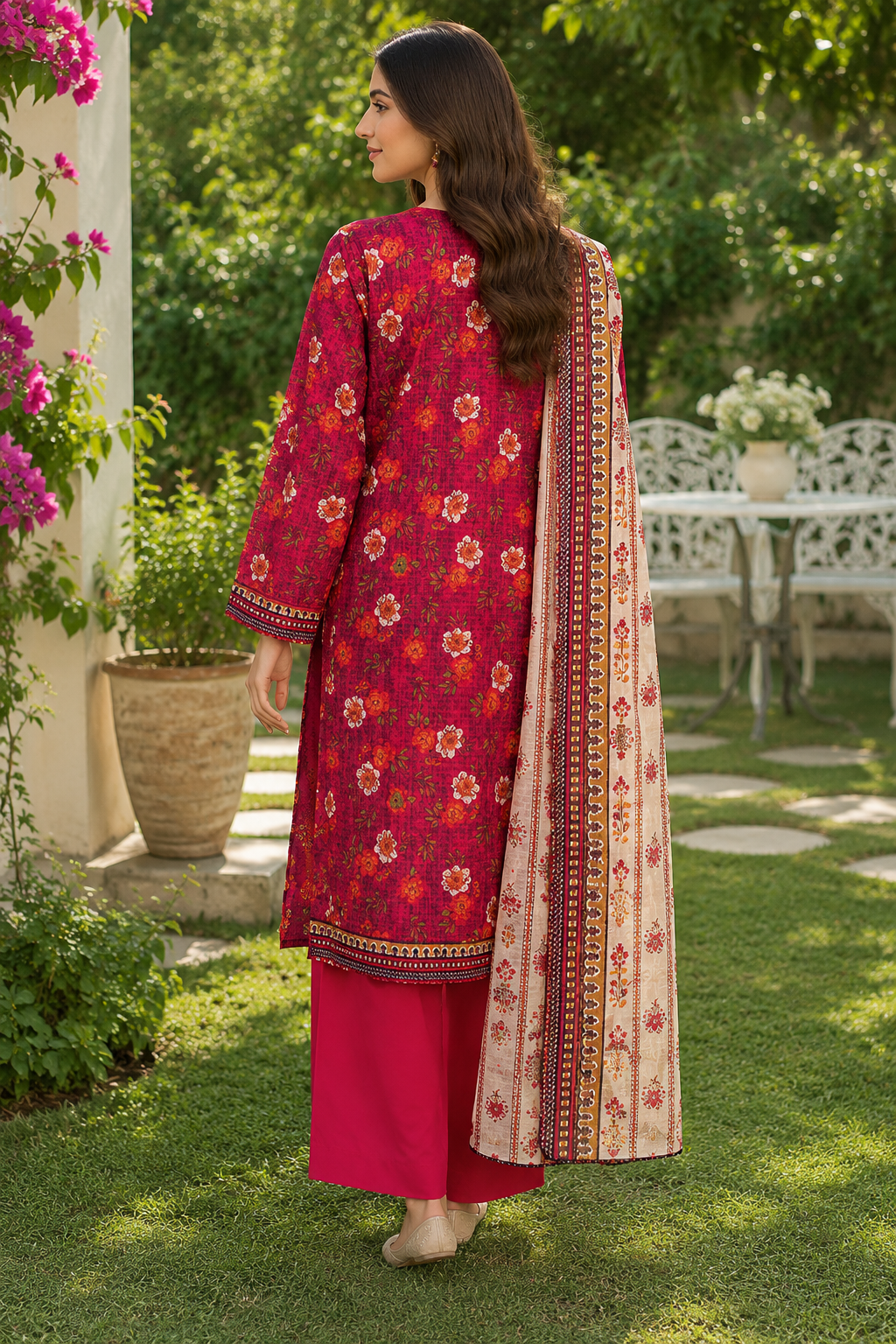 Maroon floral printed 3-piece stitched lawn suit