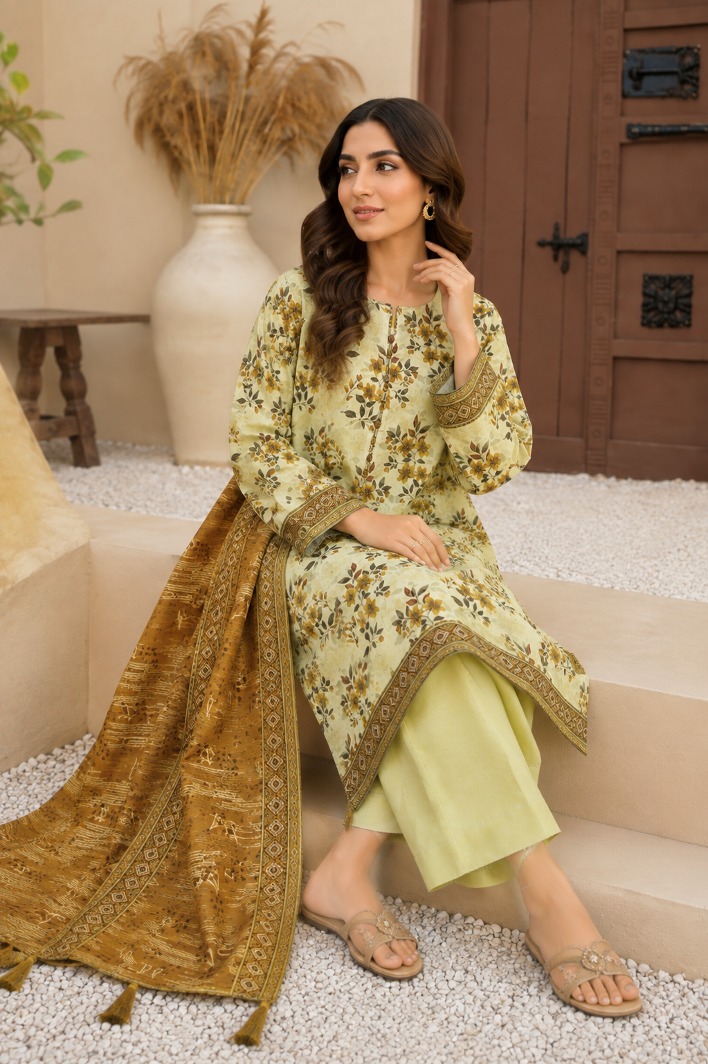 Unstitched pastel lime lawn suit with ochre dupatta