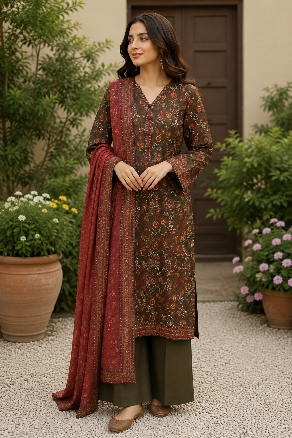 Unstitched dark olive brown Pakistani lawn suit with medallion booti print