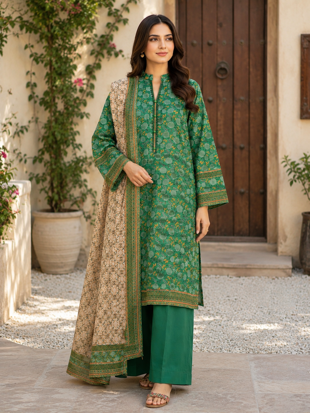 Green floral printed Pakistani lawn suit, unstitched