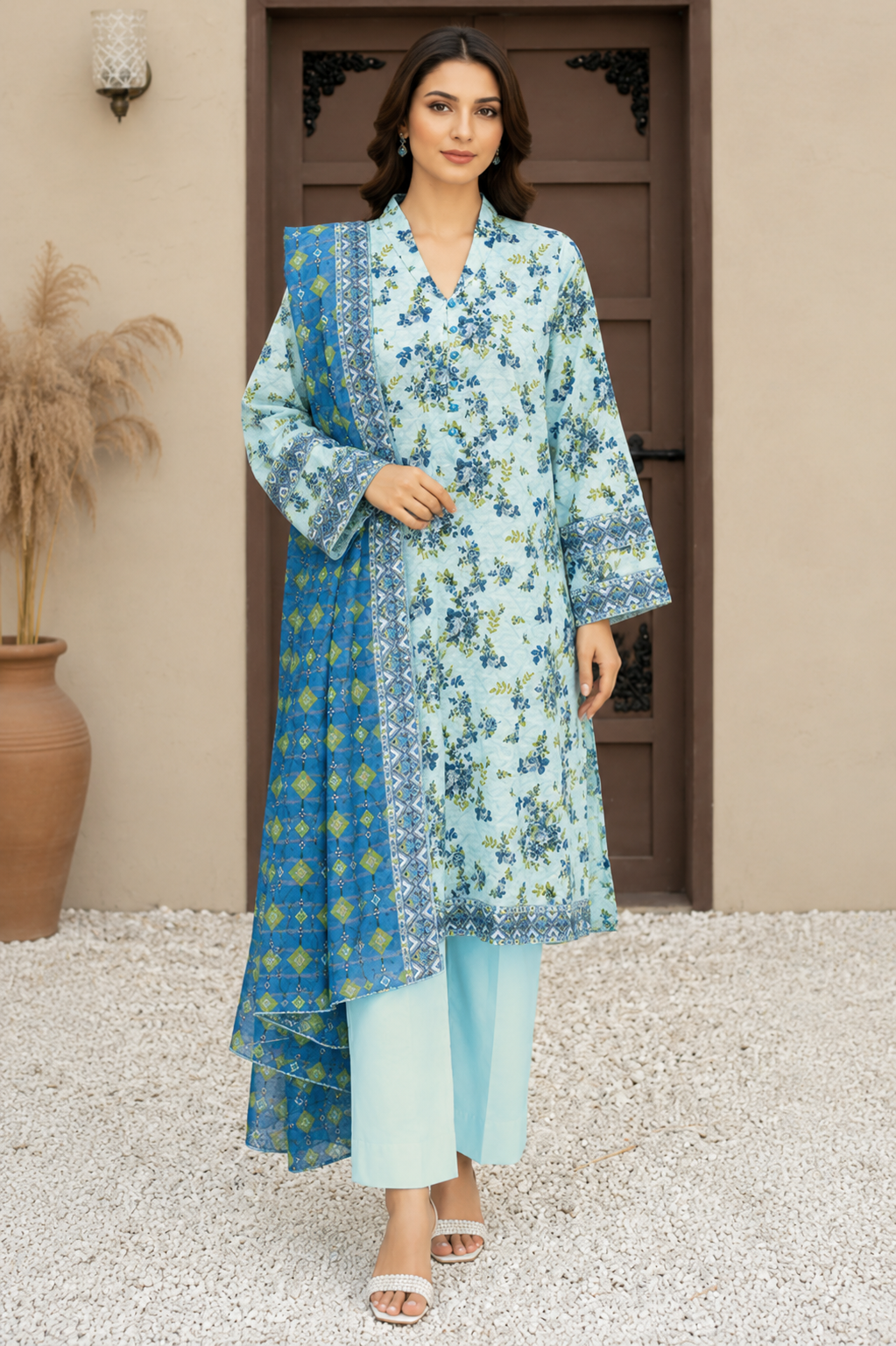 Unstitched powder blue Pakistani lawn suit with floral bouquet print
