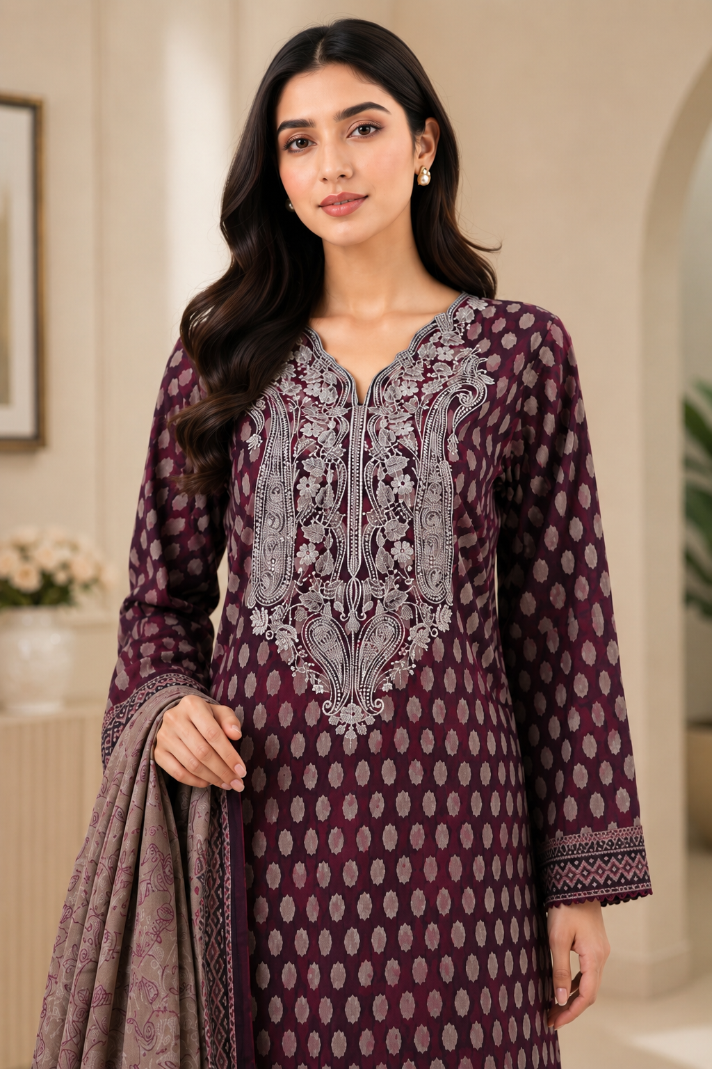 Deep plum geometric booti print on unstitched khaddar suit for women