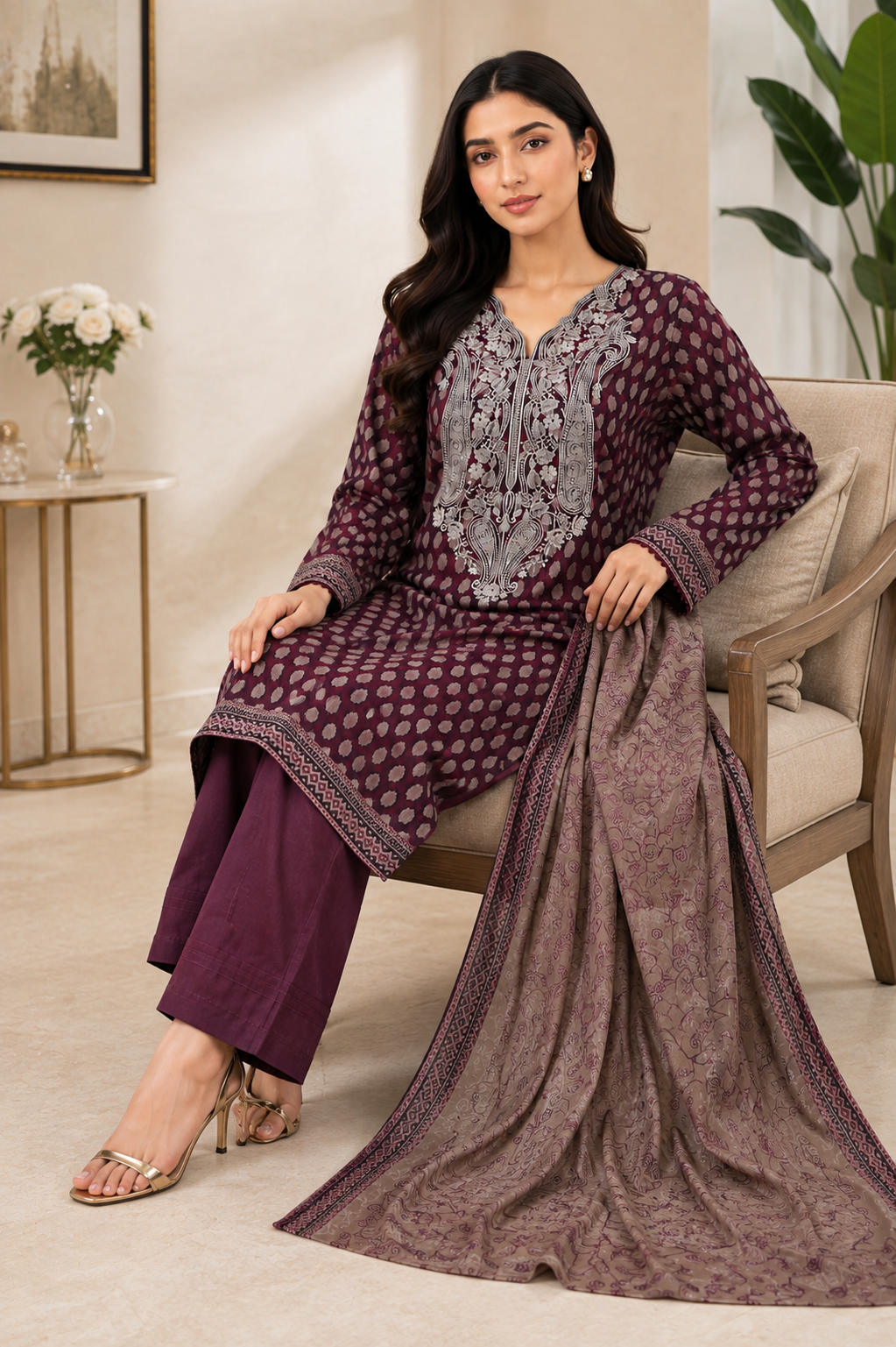 Deep plum unstitched 3 Pcs Khaddar suit for women with mauve-taupe printed shawl