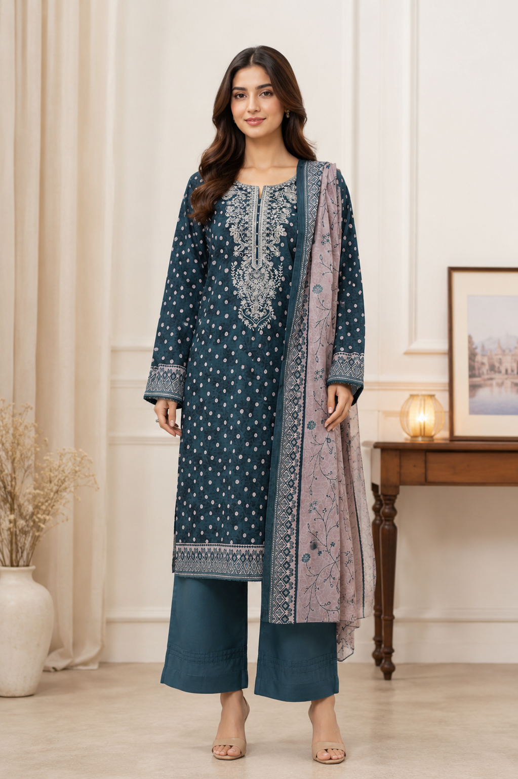 3 Pcs Unstitched Printed Embroidered Khaddar Suit in teal blue for women
