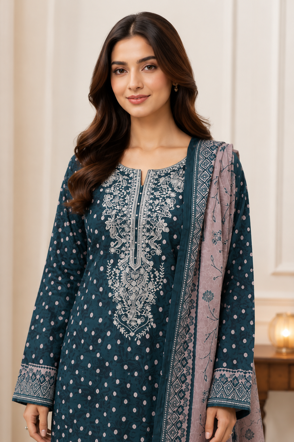Teal blue polka-dot booti print on unstitched khaddar suit for women