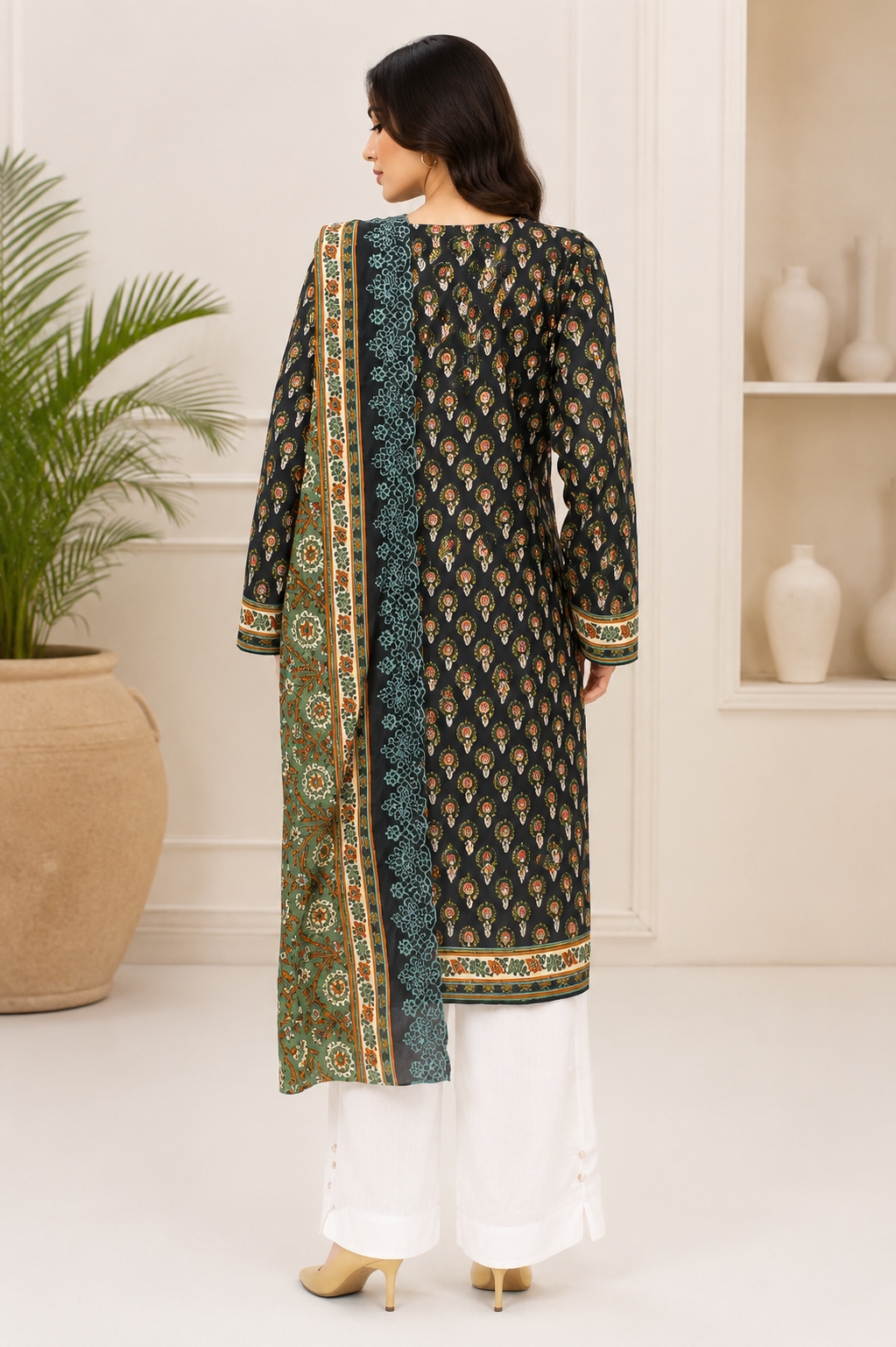 Women's charcoal black unstitched khaddar suit with sea-green neckline embroidery