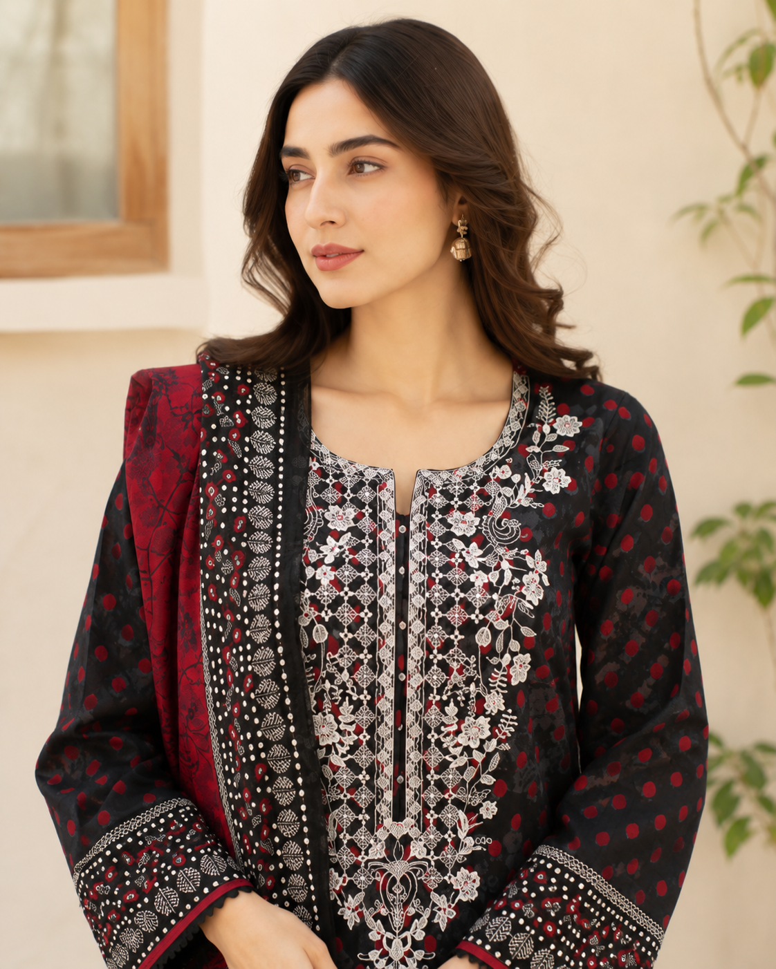 Black ruby-red booti print on unstitched khaddar suit for women