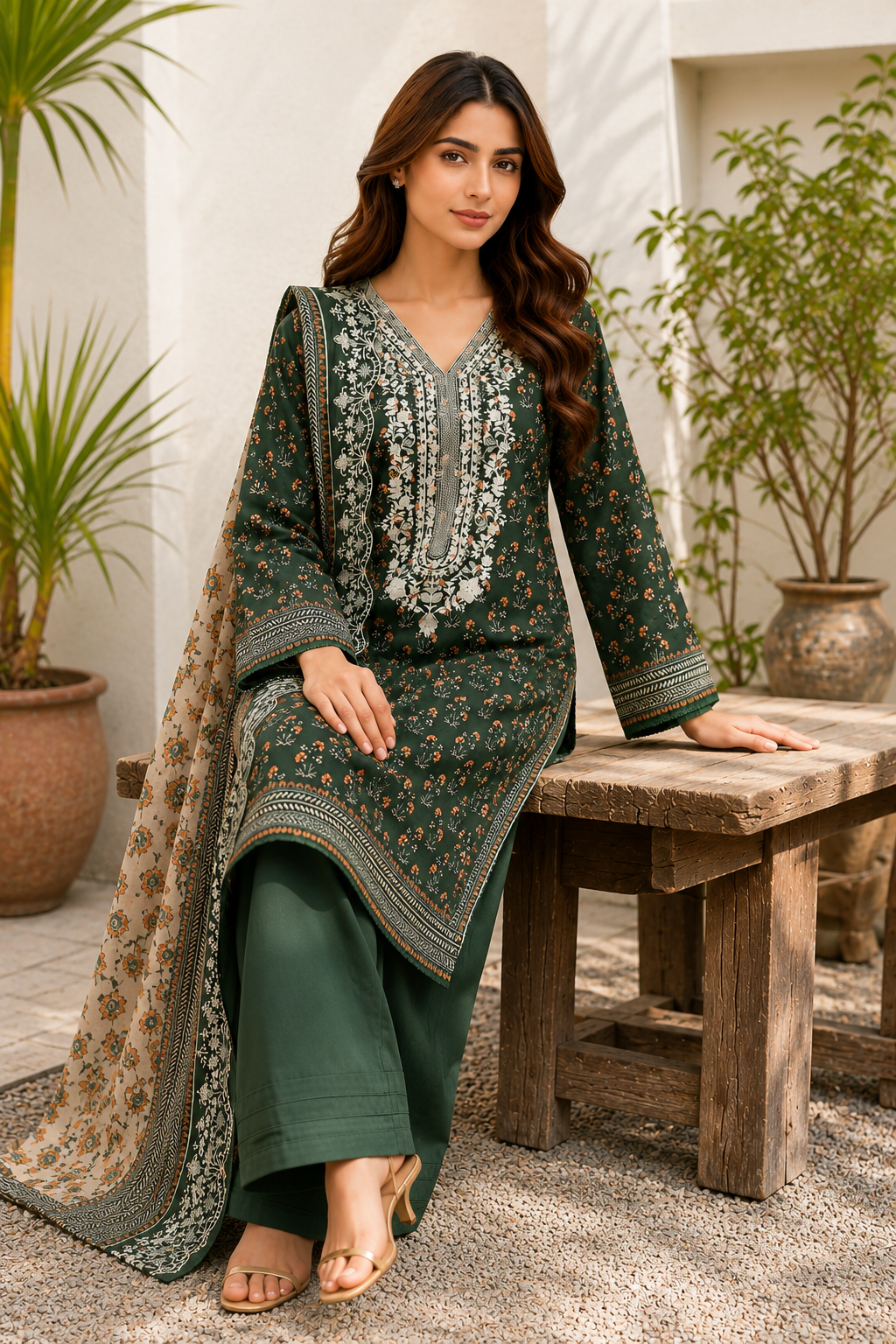 Deep emerald green unstitched 3 Pcs Khaddar suit for women with printed shawl with scalloped borders