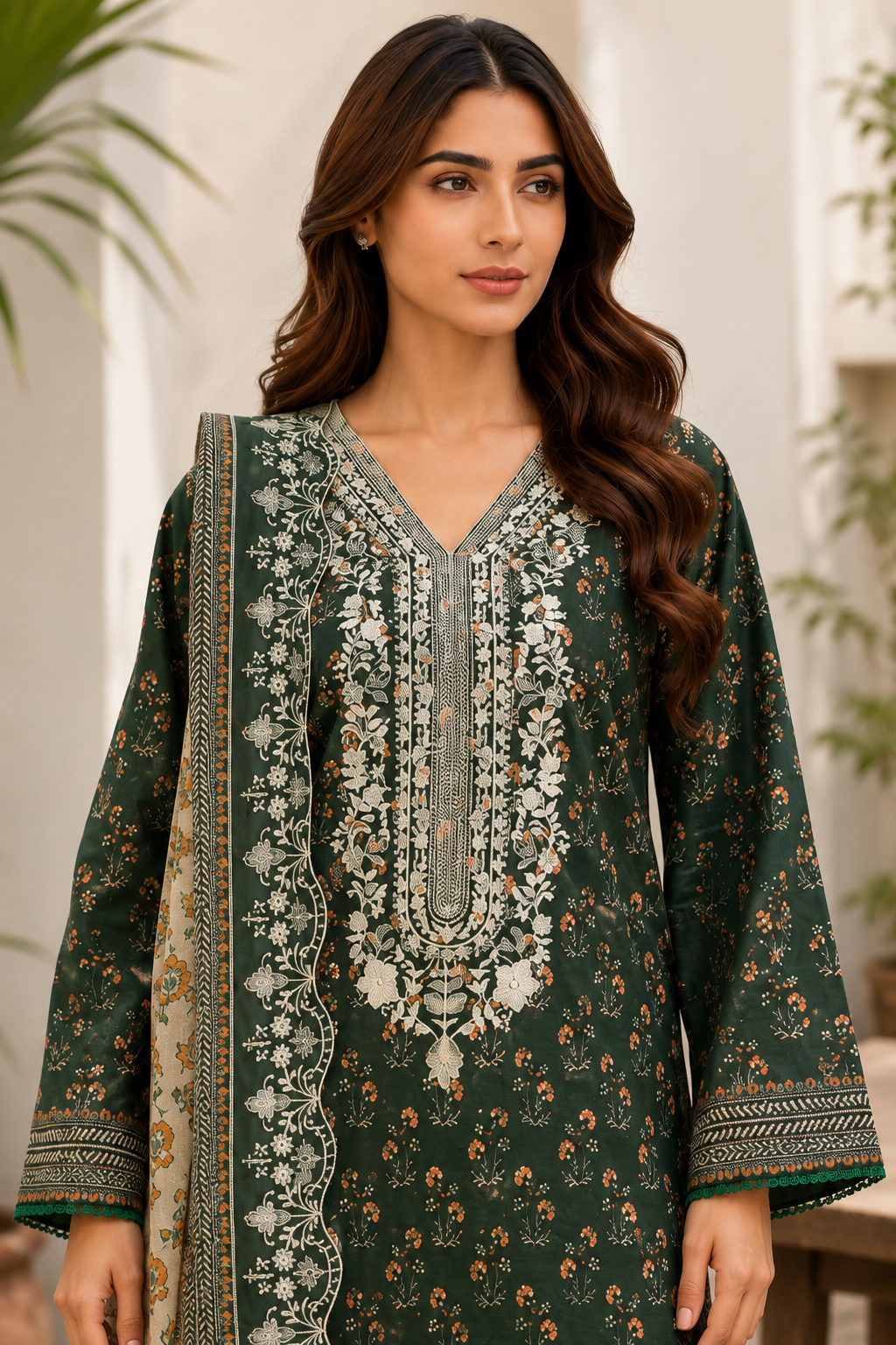 3 Pcs Unstitched Printed Embroidered Khaddar Suit in deep emerald green for women