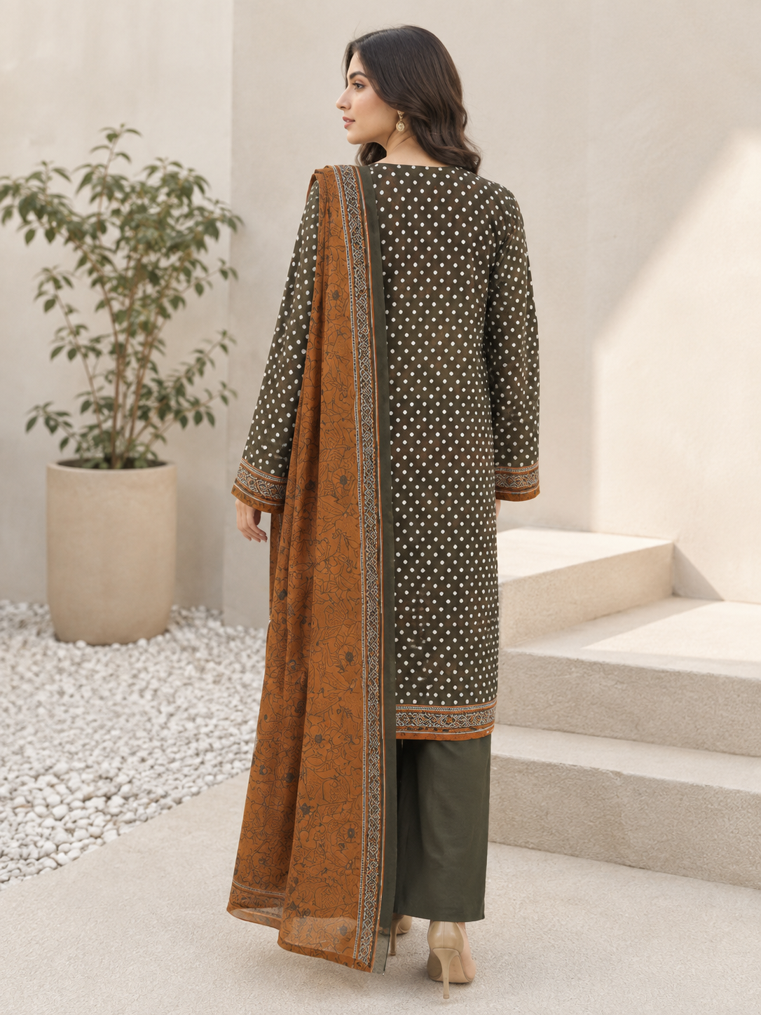 Olive-brown unstitched 3 Pcs Khaddar suit for women with rust-ochre printed shawl