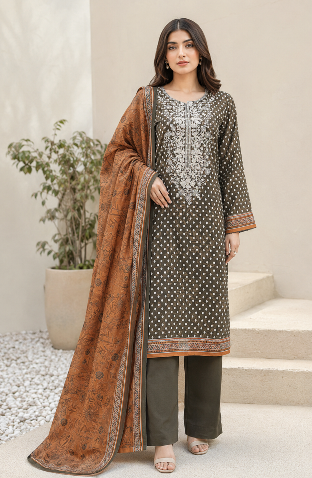 Olive-brown polka-dot booti print on unstitched khaddar suit for women