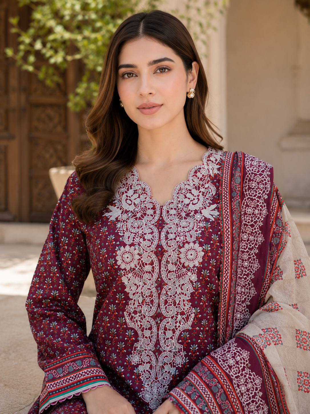 Maroon-plum micro floral booti print on unstitched khaddar suit for women