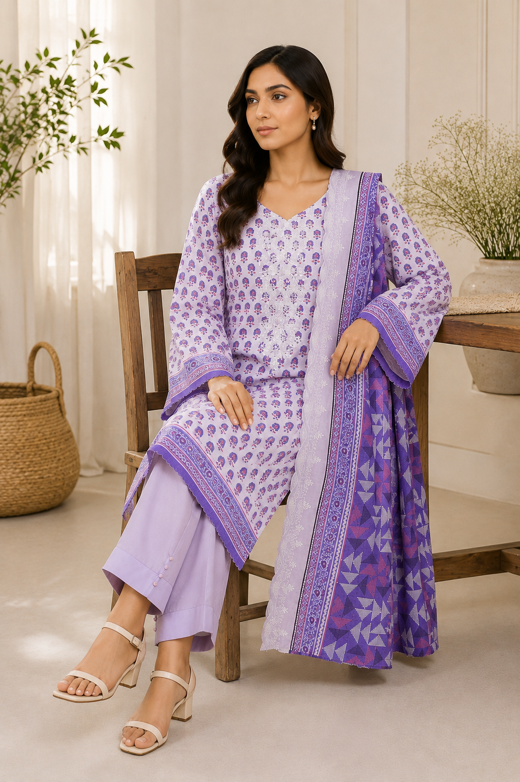 Women's lavender unstitched khaddar suit with white neckline embroidery