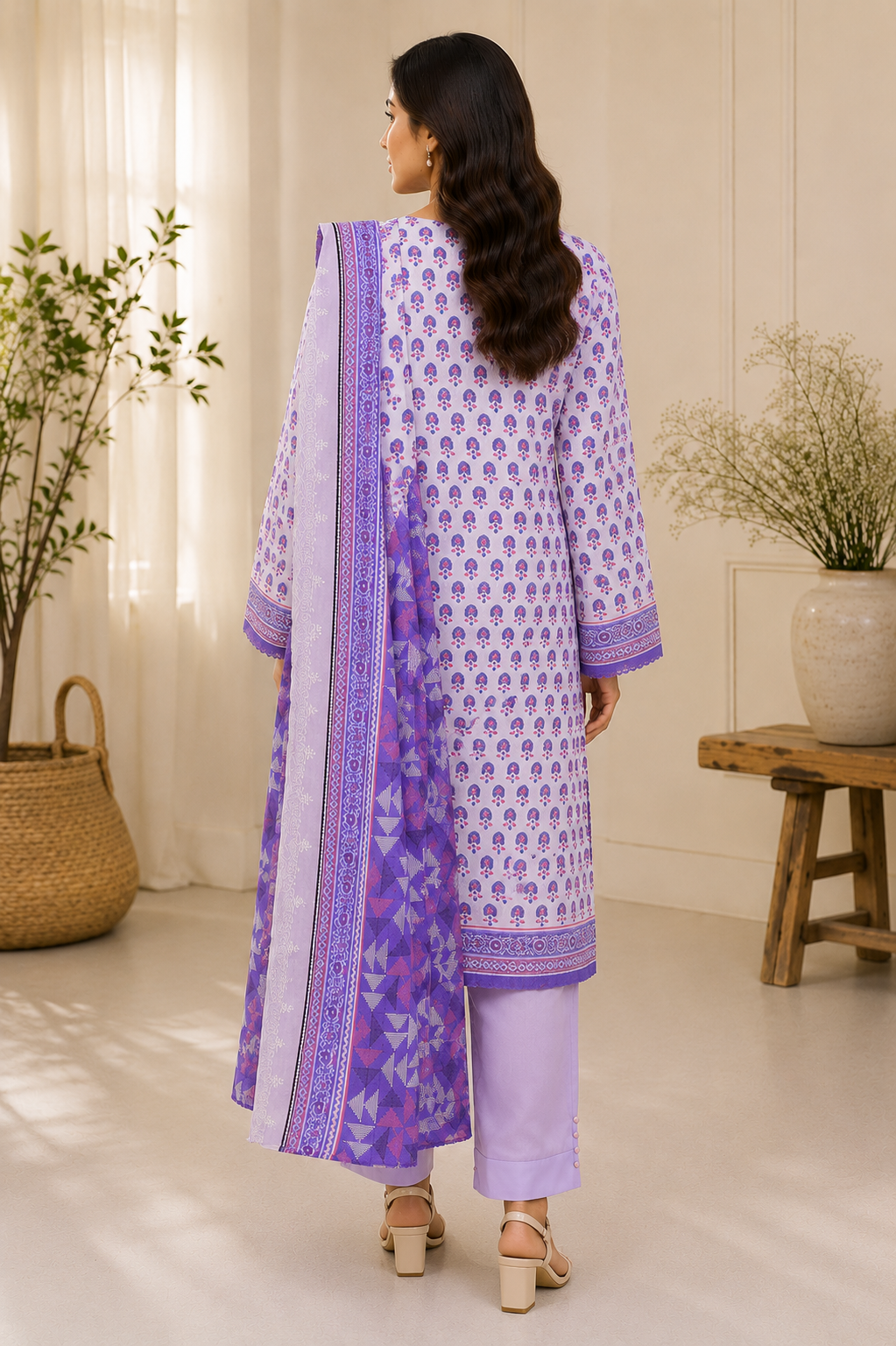 Close-up of floral booti print on lavender unstitched khaddar suit