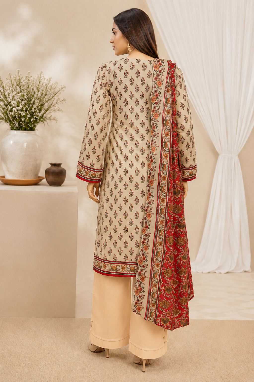 Beige booti print on unstitched khaddar suit for women