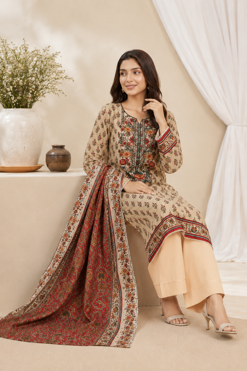 Beige unstitched 3 Pcs Khaddar suit for women with rust printed shawl