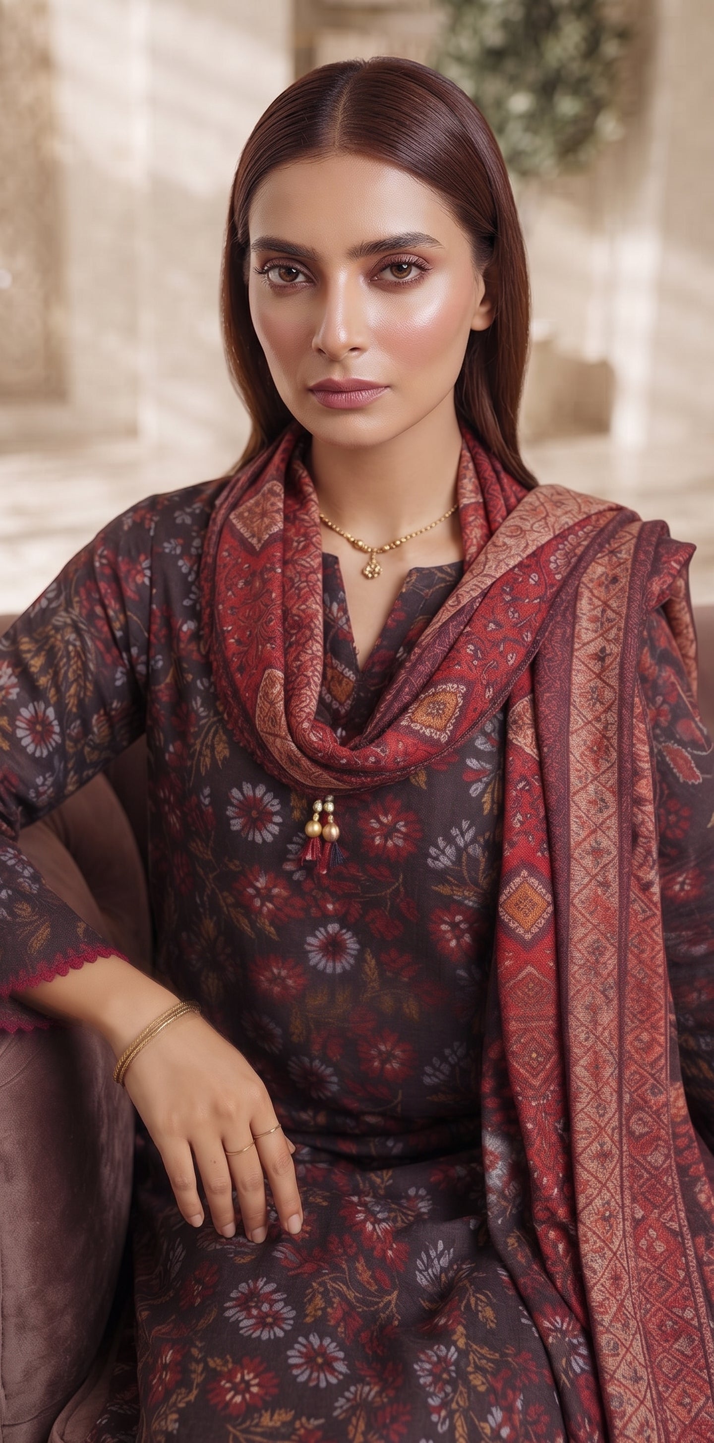 Charcoal floral printed 3-piece stitched suit with crimson shawl dupatta