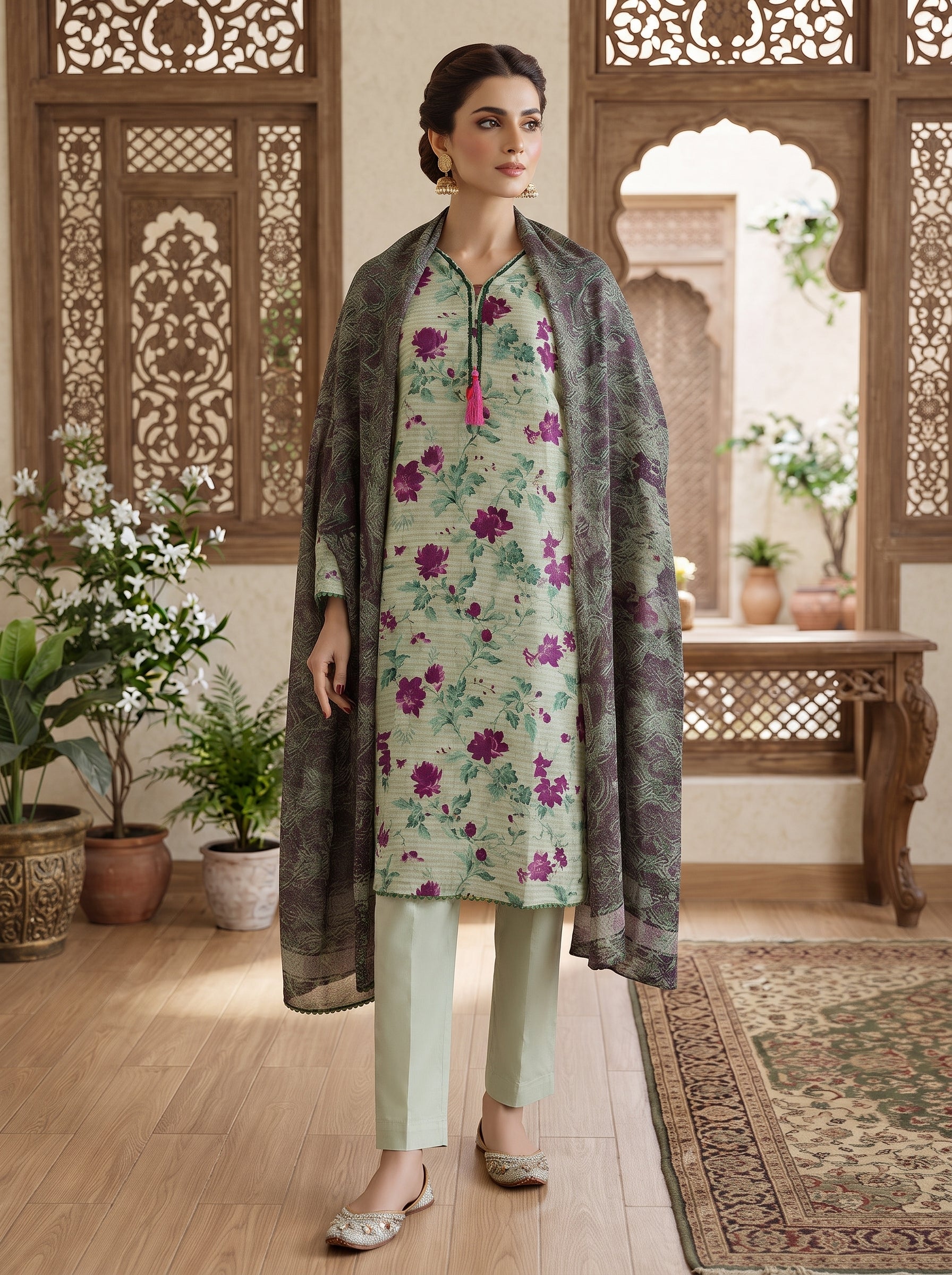 Mint green floral printed 3-piece stitched lawn suit with purple floral sprays and tassel V-neckline