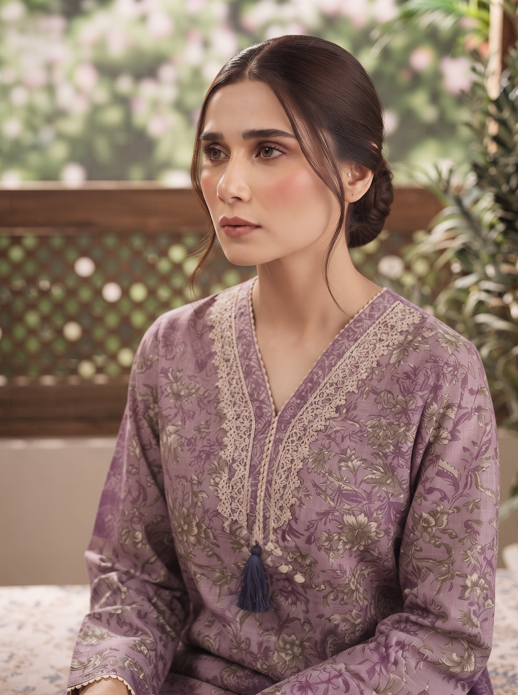 Lilac botanical vine print stitched suit with purple tassel