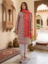 Ash grey floral printed 3-piece stitched lawn suit with rust-orange printed dupatta