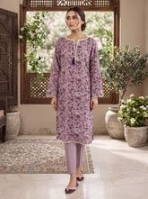 Lilac floral printed 3-piece stitched lawn suit with violet-purple dupatta