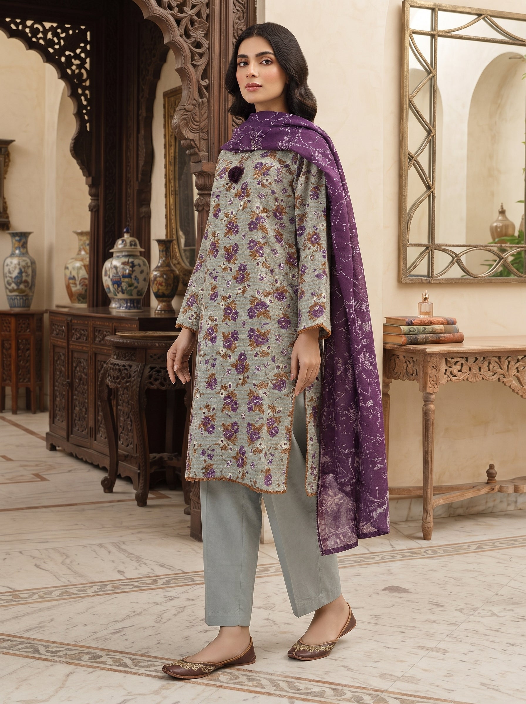 Muted grey floral printed 3-piece stitched suit
