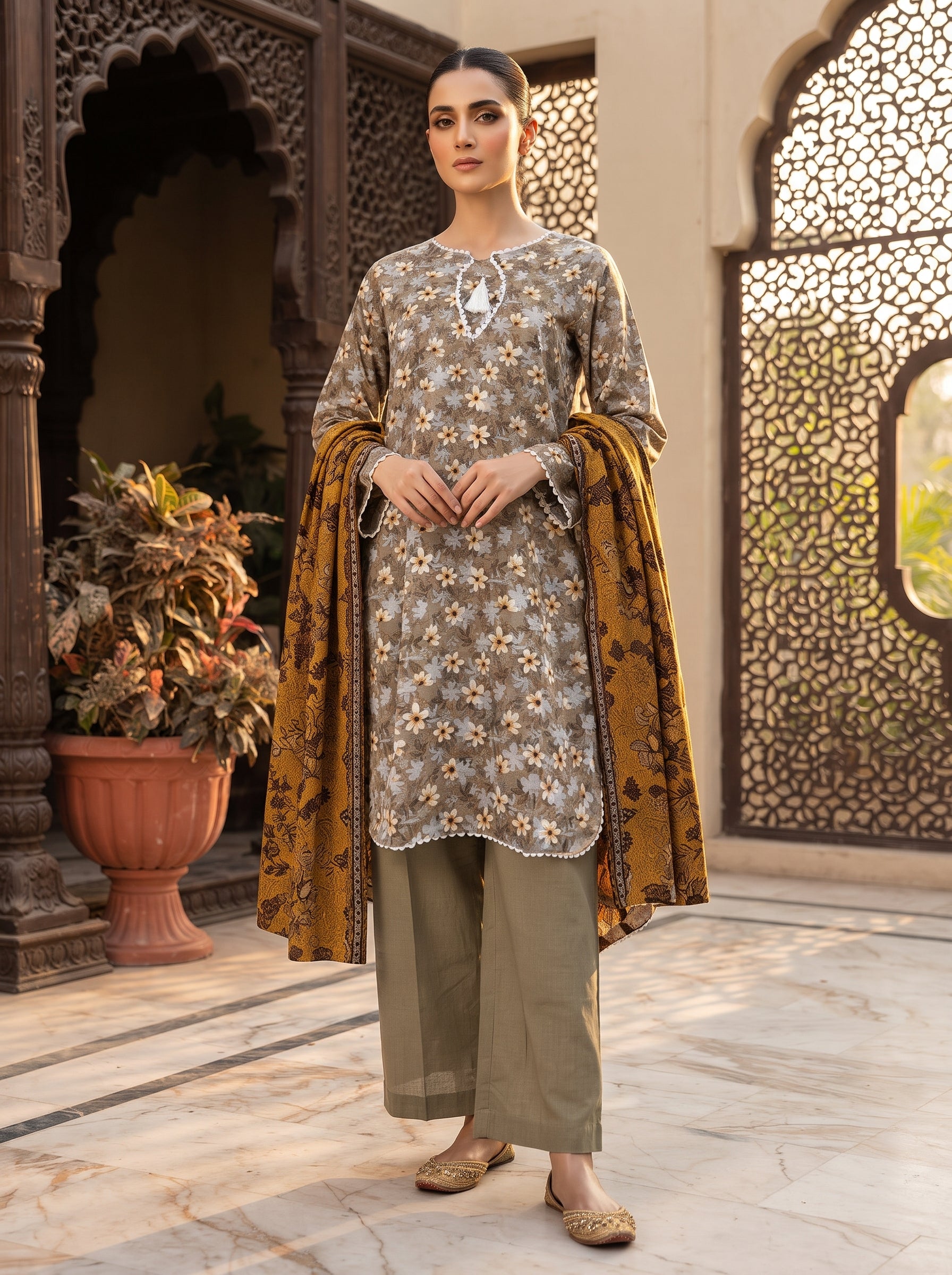 Taupe grey floral printed 3-piece stitched suit with mustard shawl dupatta