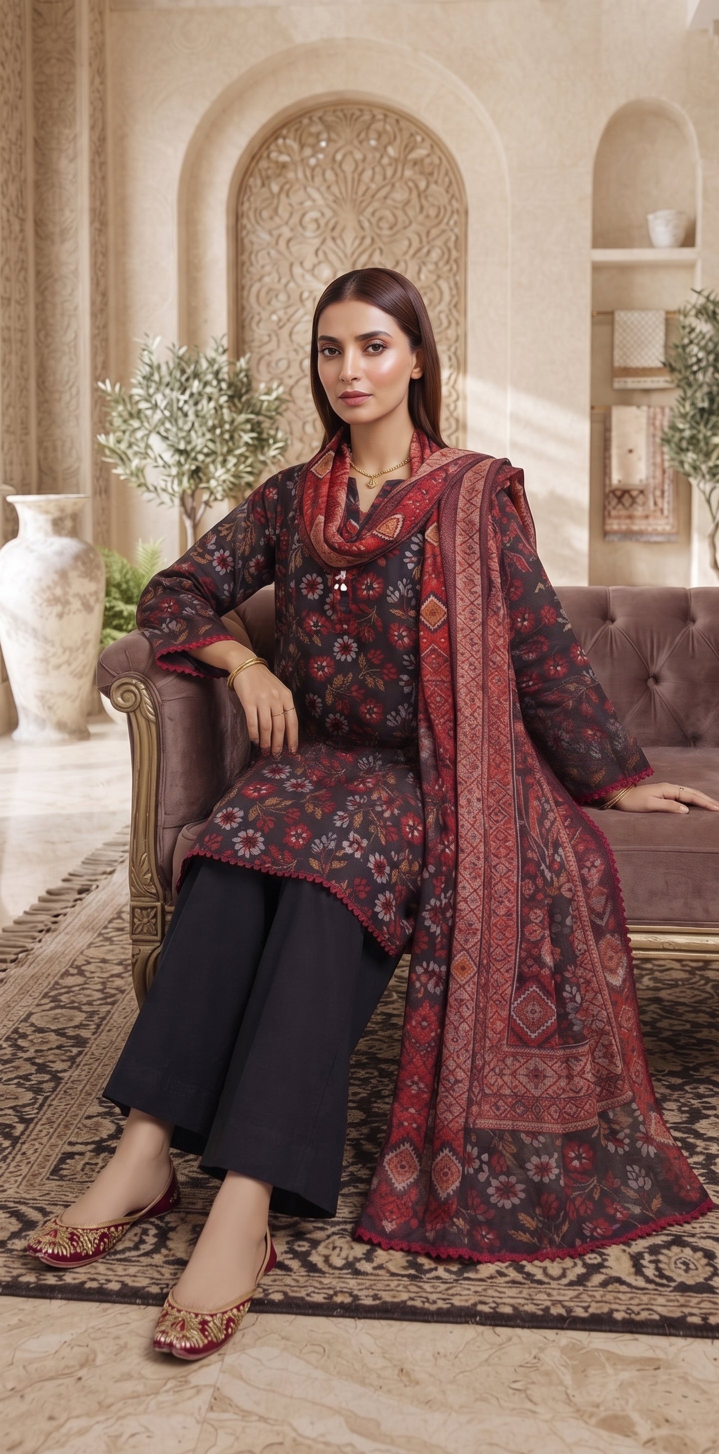 Charcoal floral printed 3-piece stitched suit with crimson shawl dupatta