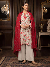 Ivory floral printed 3-piece stitched suit with crimson shawl dupatta