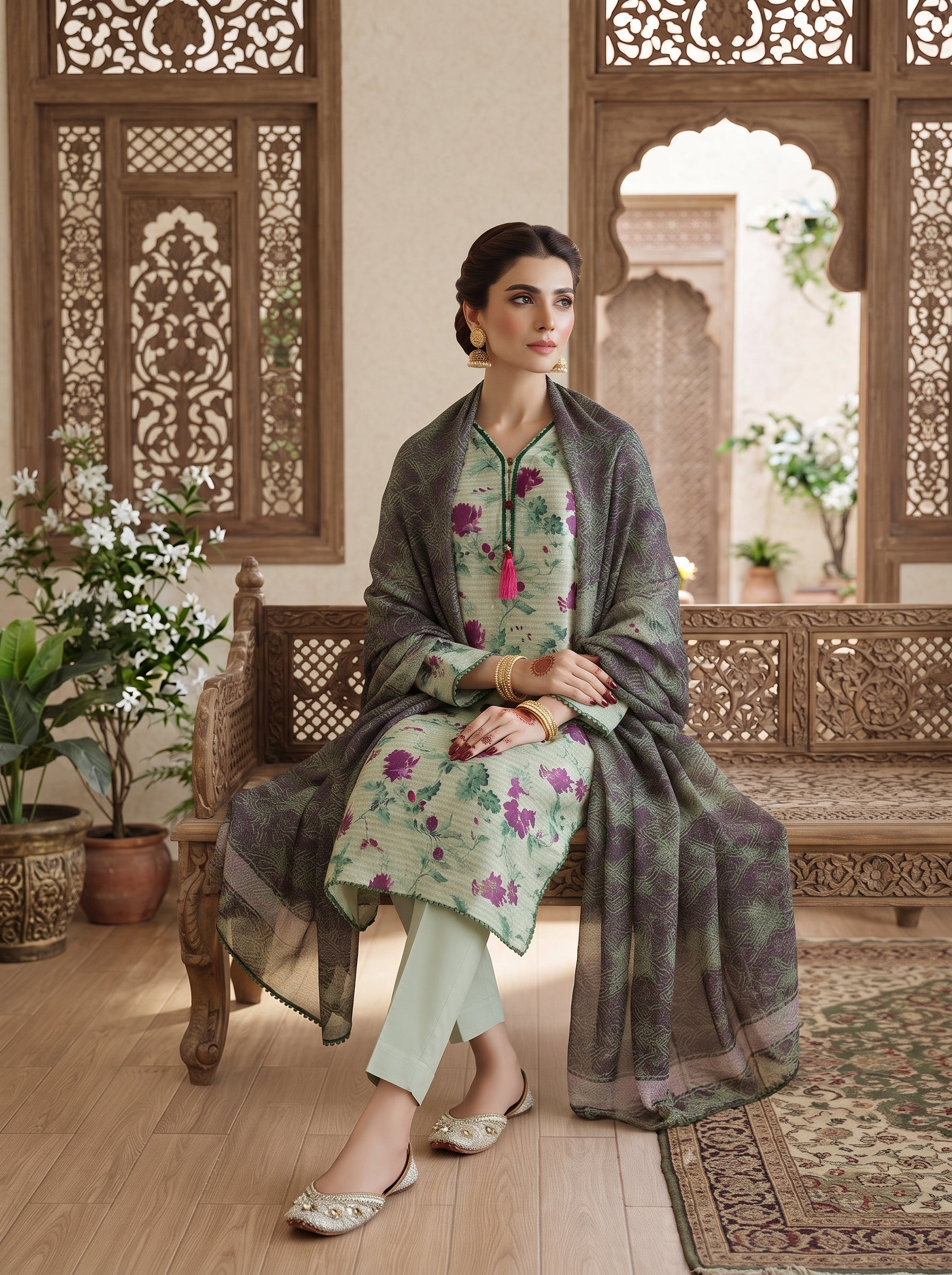 Mint green floral printed ready to wear 3-piece lawn suit