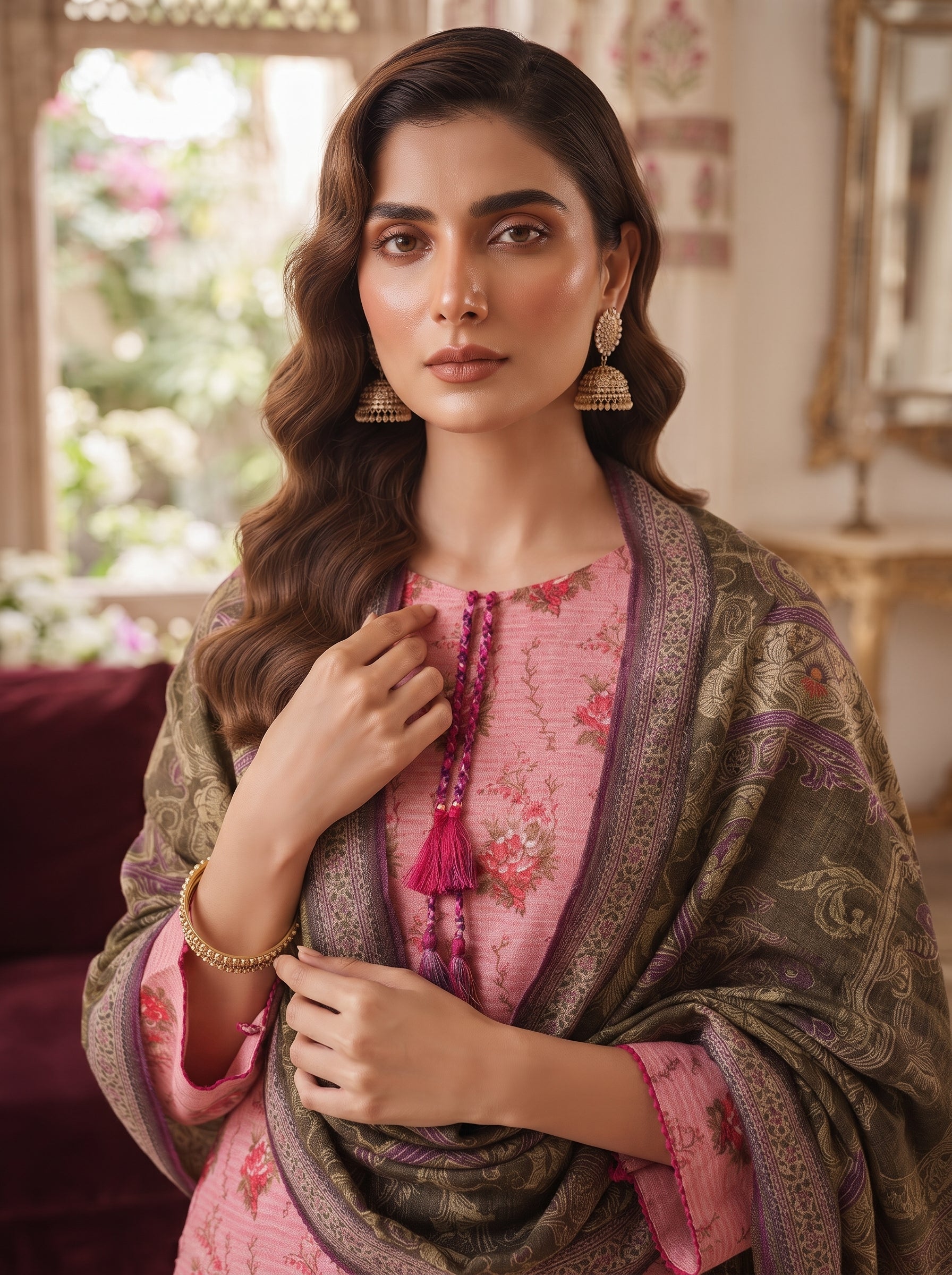 Blush pink floral printed 3-piece stitched suit