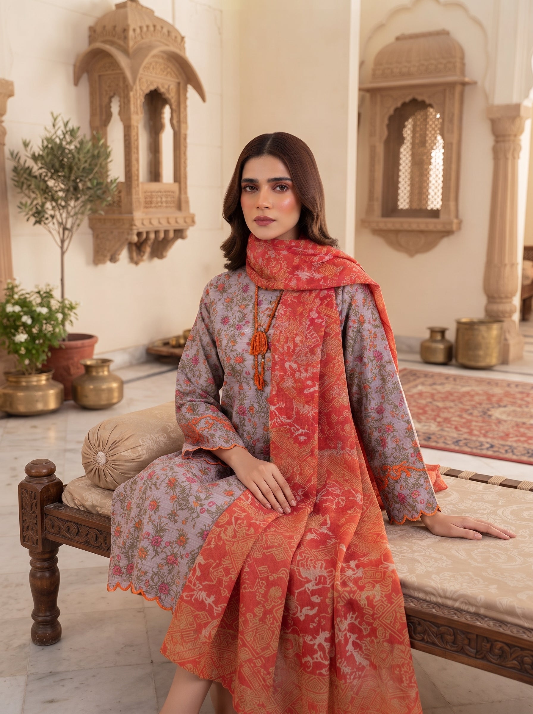 Ash grey floral printed ready to wear 3-piece lawn suit