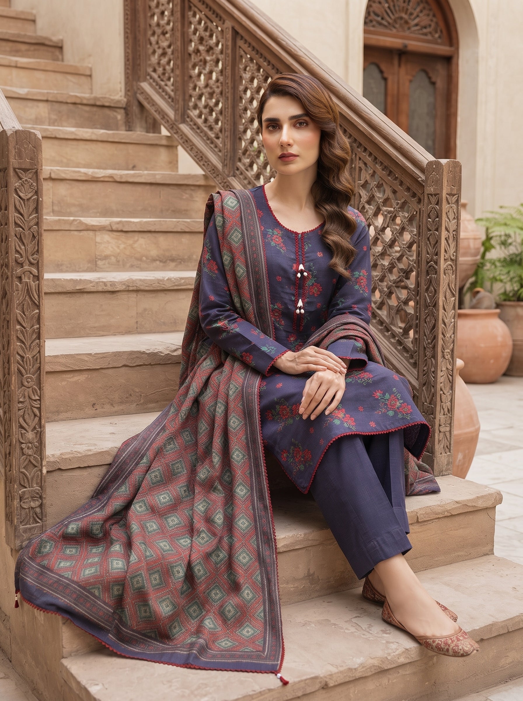 Navy blue printed 3-piece stitched suit with lace trim