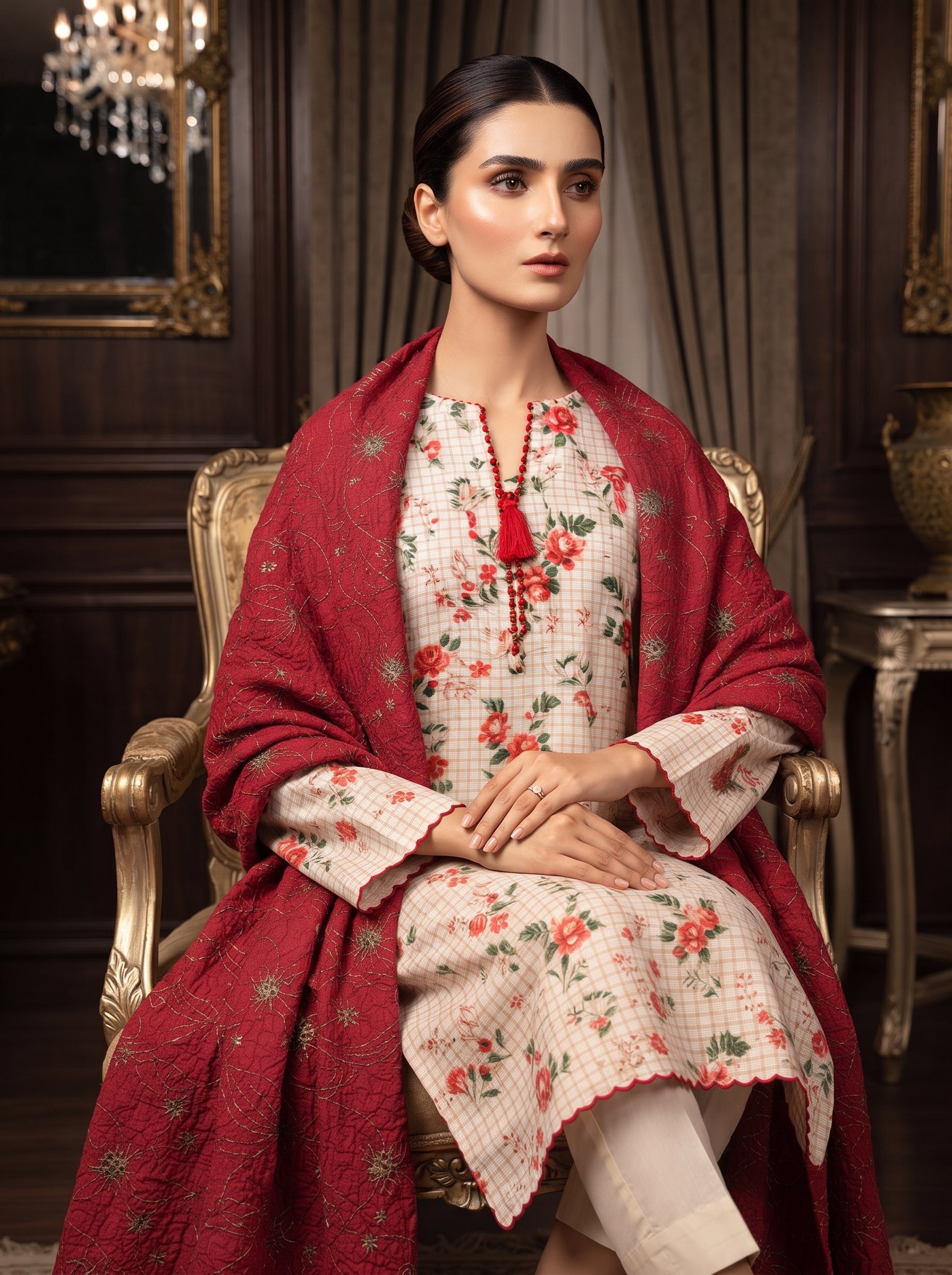 Ivory floral printed 3-piece stitched suit with crimson shawl dupatta