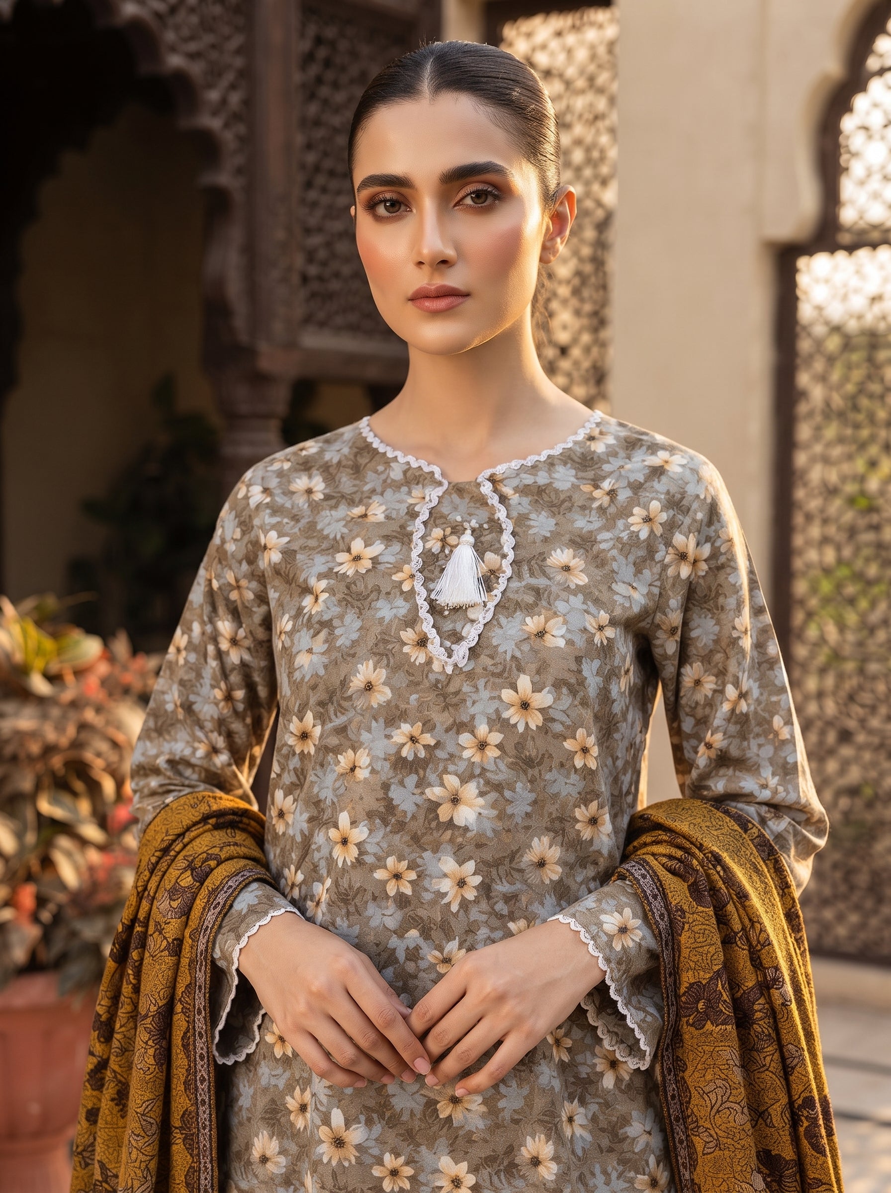Taupe grey floral printed 3-piece stitched suit with mustard shawl dupatta