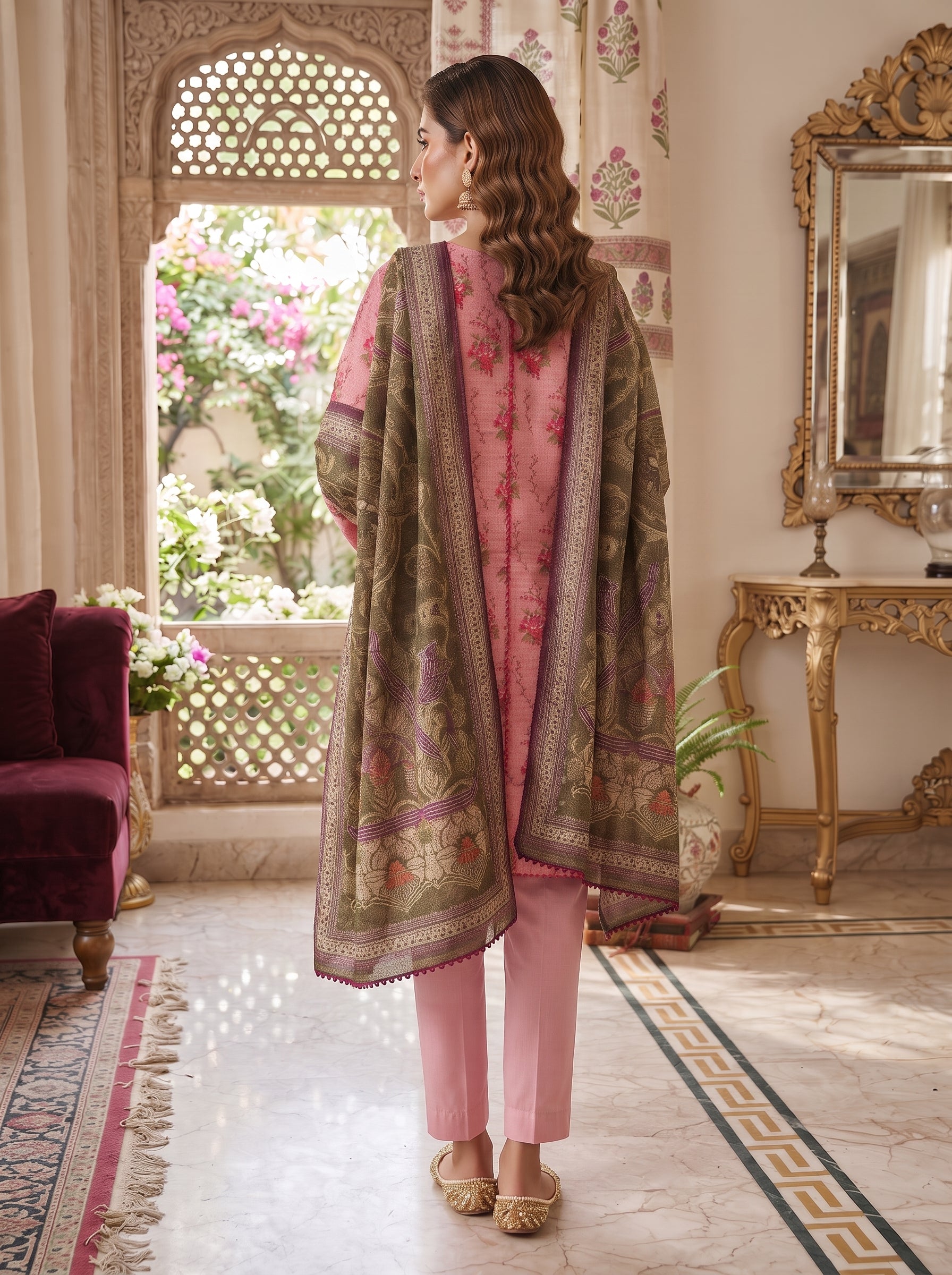 Blush pink floral printed 3-piece stitched suit