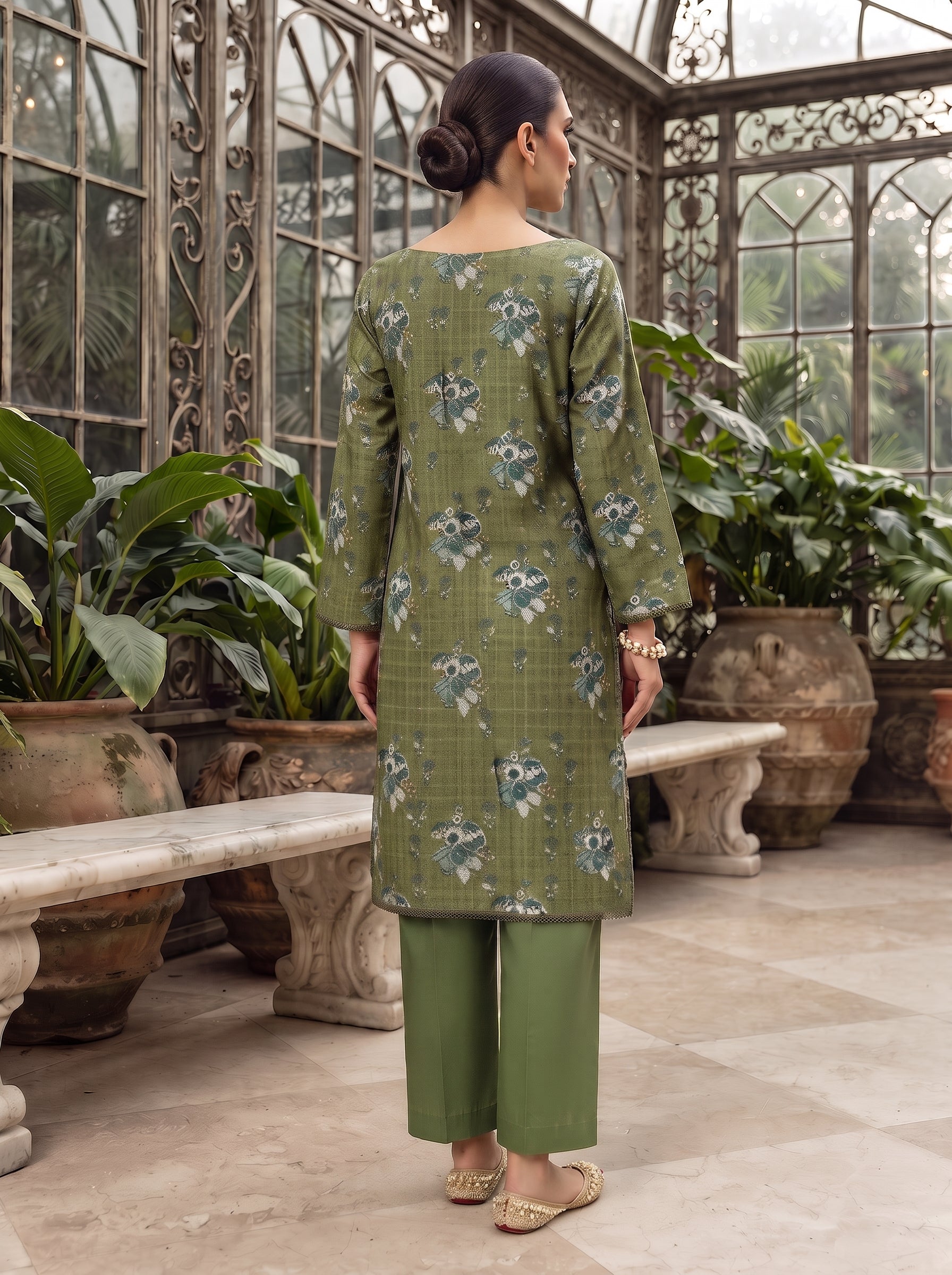 Olive green embroidered 3-piece stitched suit