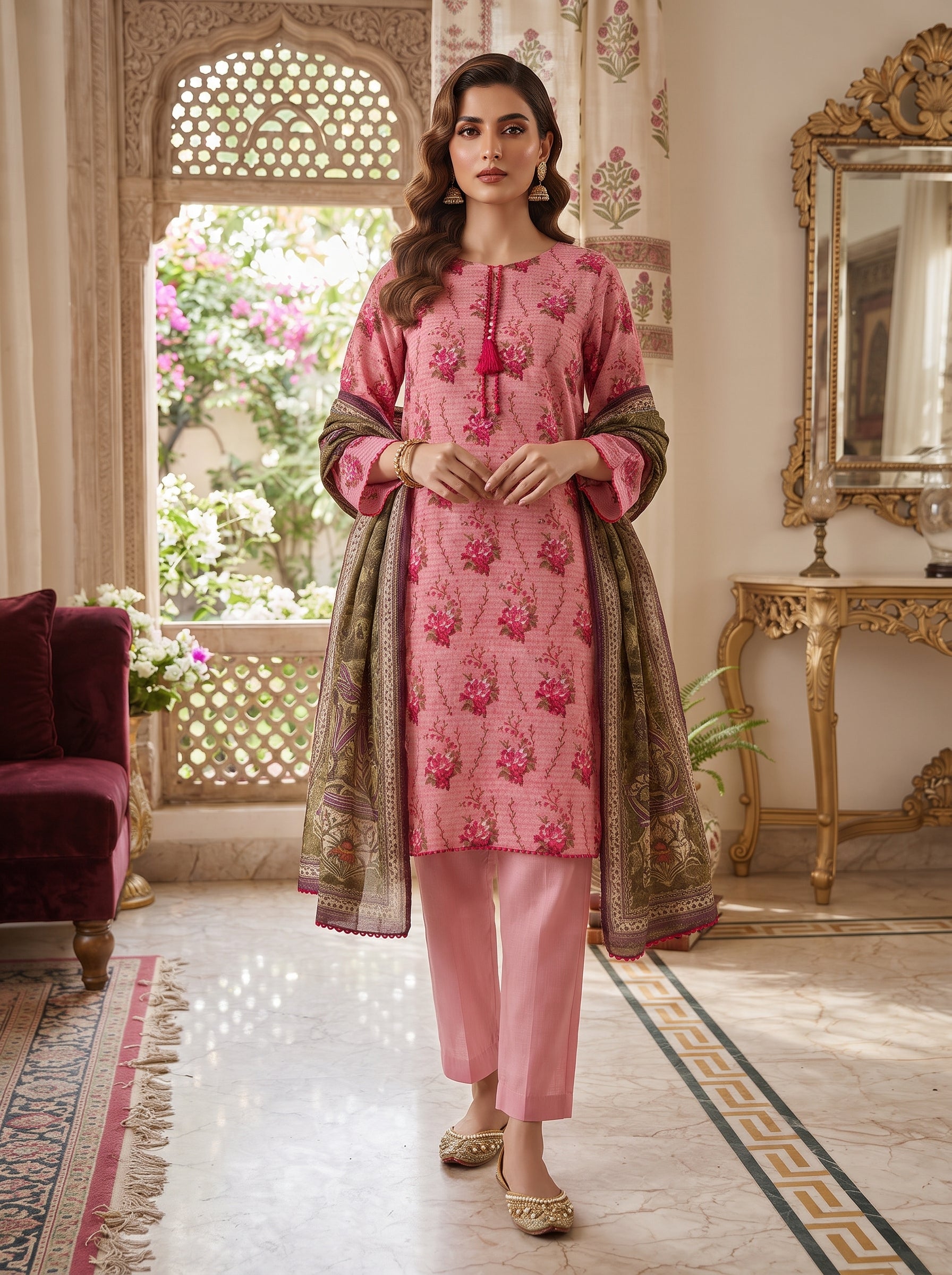 Blush pink floral printed 3-piece stitched suit